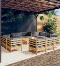 13-tlg. Garten-Lounge-Set mit Grauen Kissen Kiefernholz