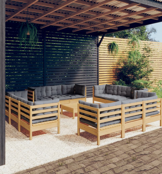 13-tlg. Garten-Lounge-Set mit Grauen Kissen Kiefernholz