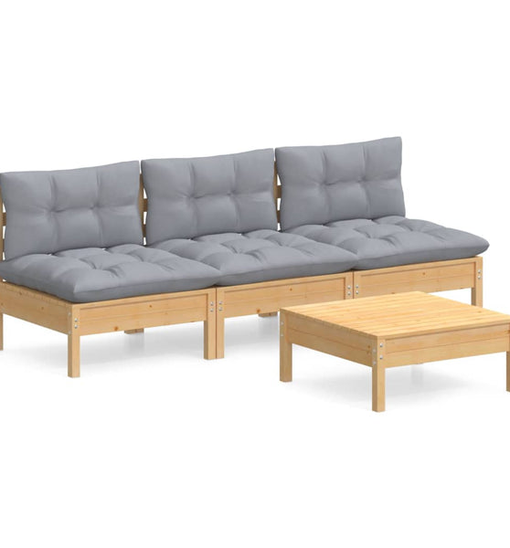 4-tlg. Garten-Lounge-Set mit Grauen Kissen Kiefernholz