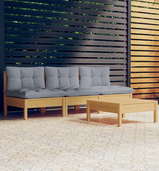 4-tlg. Garten-Lounge-Set mit Grauen Kissen Kiefernholz