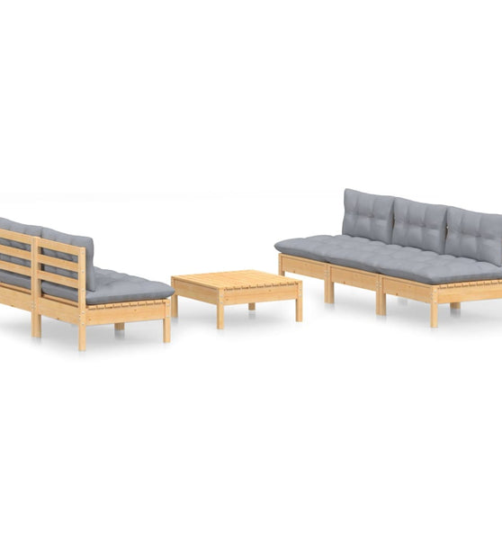 6-tlg. Garten-Lounge-Set mit Grauen Kissen Kiefernholz
