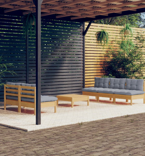 6-tlg. Garten-Lounge-Set mit Grauen Kissen Kiefernholz