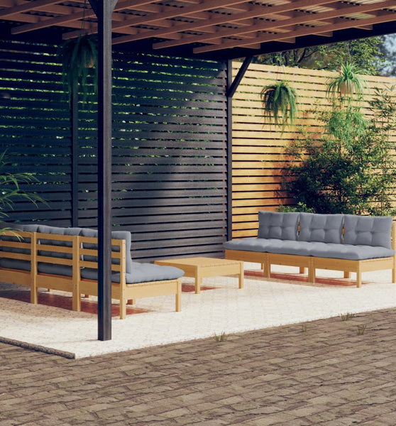 7-tlg. Garten-Lounge-Set mit Grauen Kissen Kiefernholz