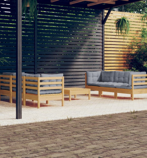 7-tlg. Garten-Lounge-Set mit Grauen Kissen Kiefernholz