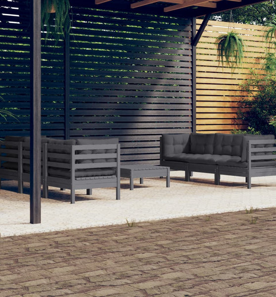 7-tlg. Garten-Lounge-Set mit Anthrazit Kissen Kiefernholz
