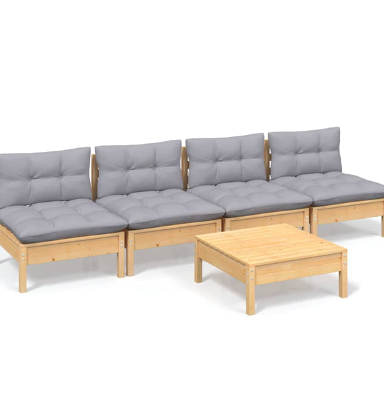 5-tlg. Garten-Lounge-Set mit Grauen Kissen Kiefernholz