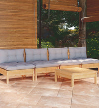 5-tlg. Garten-Lounge-Set mit Grauen Kissen Kiefernholz
