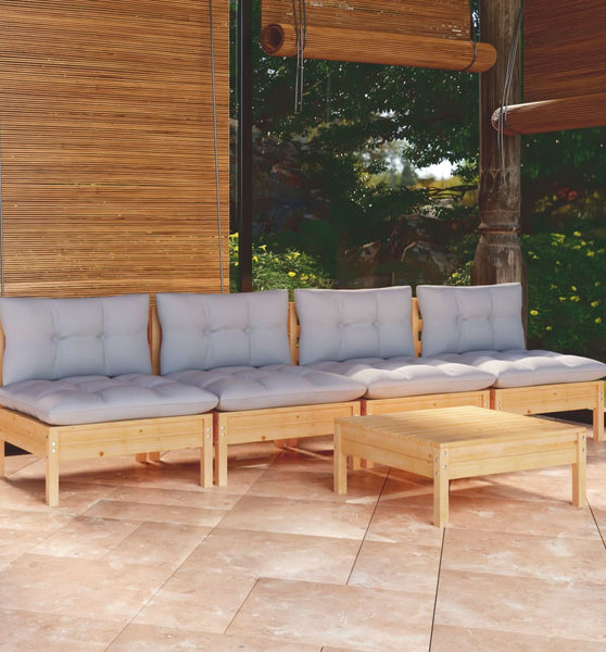 5-tlg. Garten-Lounge-Set mit Grauen Kissen Kiefernholz