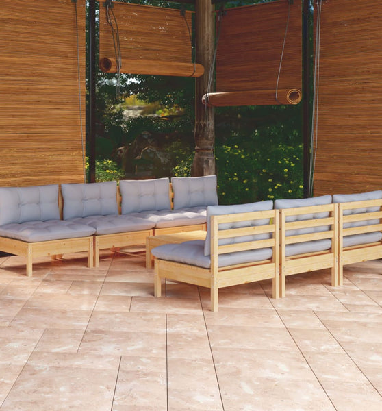 8-tlg. Garten-Lounge-Set mit Grauen Kissen Kiefernholz