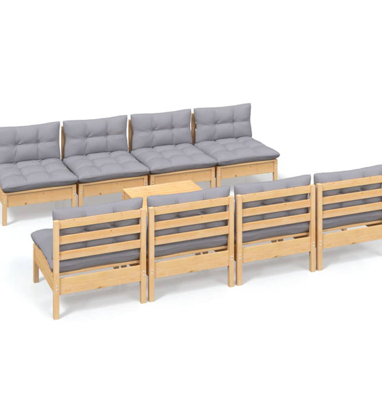 9-tlg. Garten-Lounge-Set mit Grauen Kissen Kiefer Massivholz