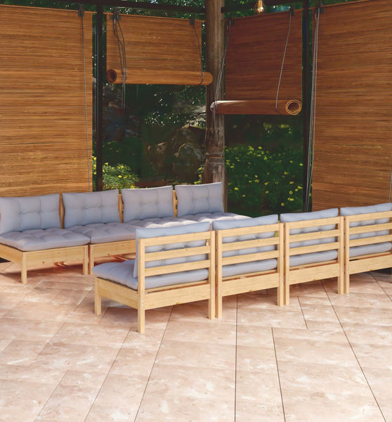 9-tlg. Garten-Lounge-Set mit Grauen Kissen Kiefer Massivholz