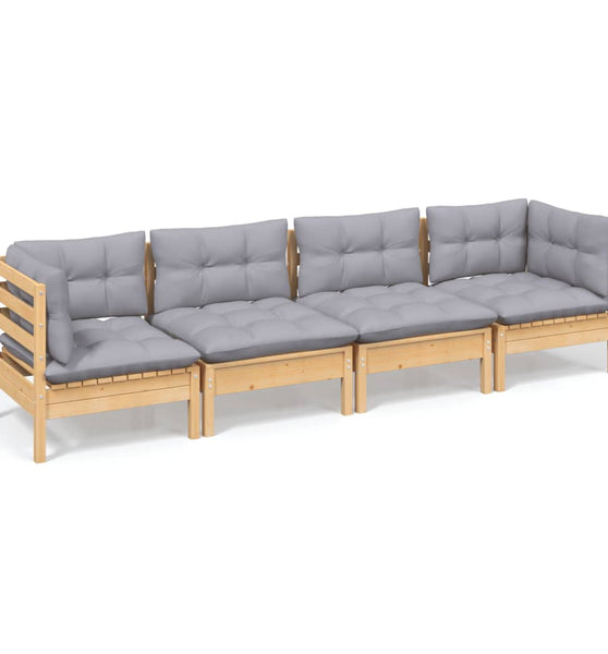 4-tlg. Garten-Lounge-Set mit Grauen Kissen Kiefer Massivholz