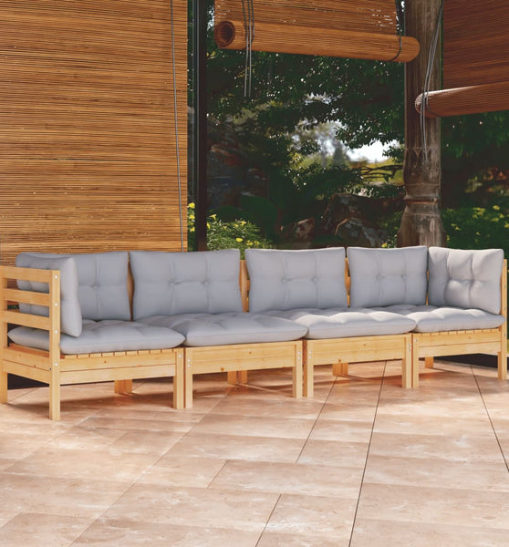 4-tlg. Garten-Lounge-Set mit Grauen Kissen Kiefer Massivholz