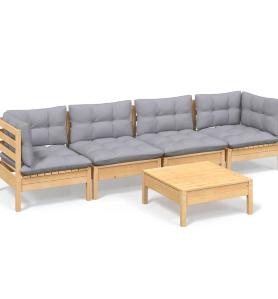5-tlg. Garten-Lounge-Set mit Grauen Kissen Kiefer Massivholz