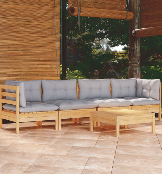 5-tlg. Garten-Lounge-Set mit Grauen Kissen Kiefer Massivholz