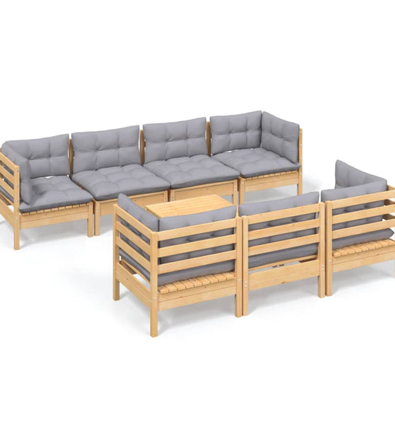 8-tlg. Garten-Lounge-Set mit Grauen Kissen Kiefer Massivholz
