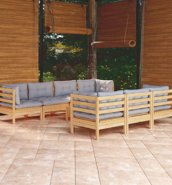 8-tlg. Garten-Lounge-Set mit Grauen Kissen Kiefer Massivholz