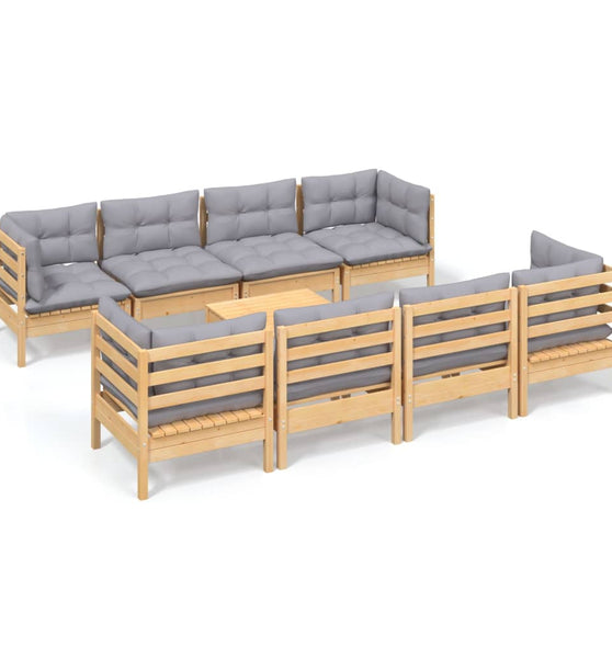 9-tlg. Garten-Lounge-Set mit Grauen Kissen Kiefer Massivholz
