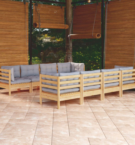 9-tlg. Garten-Lounge-Set mit Grauen Kissen Kiefer Massivholz