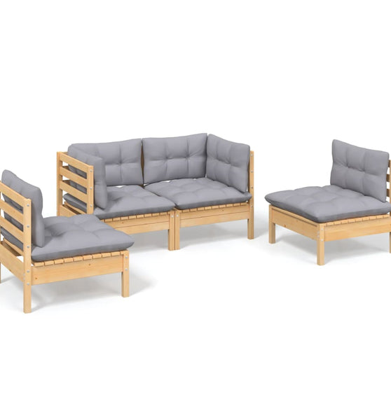 4-tlg. Garten-Lounge-Set mit Grauen Kissen Kiefer Massivholz