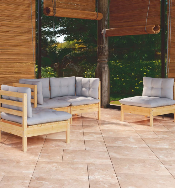 4-tlg. Garten-Lounge-Set mit Grauen Kissen Kiefer Massivholz