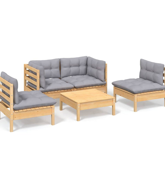 5-tlg. Garten-Lounge-Set mit Grauen Kissen Kiefer Massivholz