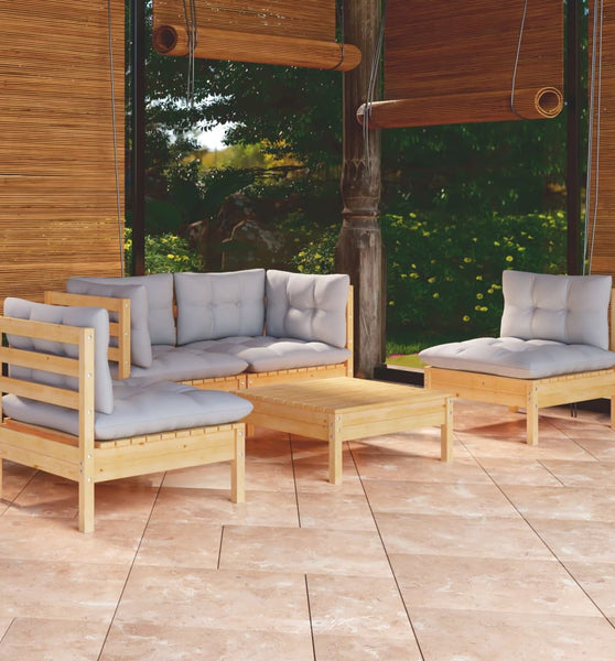 5-tlg. Garten-Lounge-Set mit Grauen Kissen Kiefer Massivholz