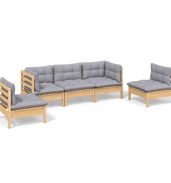 5-tlg. Garten-Lounge-Set mit Grauen Kissen Kiefer Massivholz