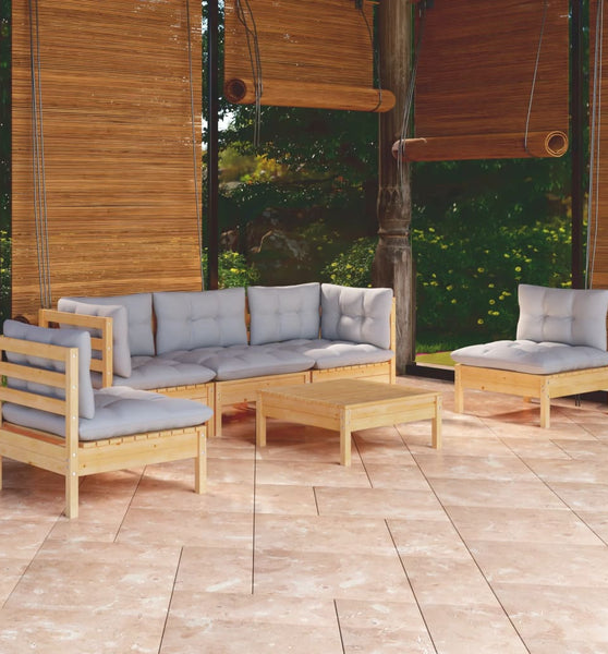 6-tlg. Garten-Lounge-Set mit Grauen Kissen Kiefer Massivholz