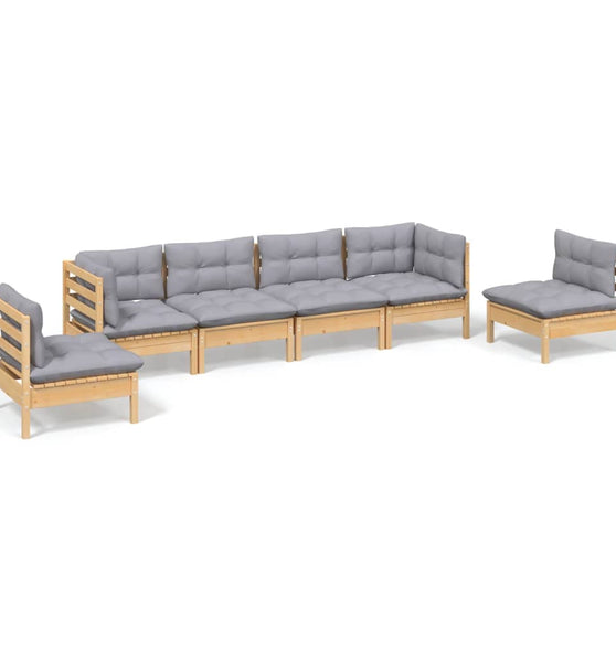 6-tlg. Garten-Lounge-Set mit Grauen Kissen Kiefer Massivholz