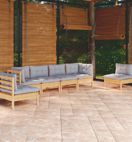 6-tlg. Garten-Lounge-Set mit Grauen Kissen Kiefer Massivholz