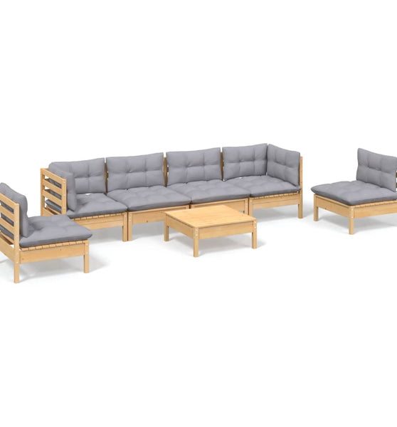7-tlg. Garten-Lounge-Set mit Grauen Kissen Kiefer Massivholz