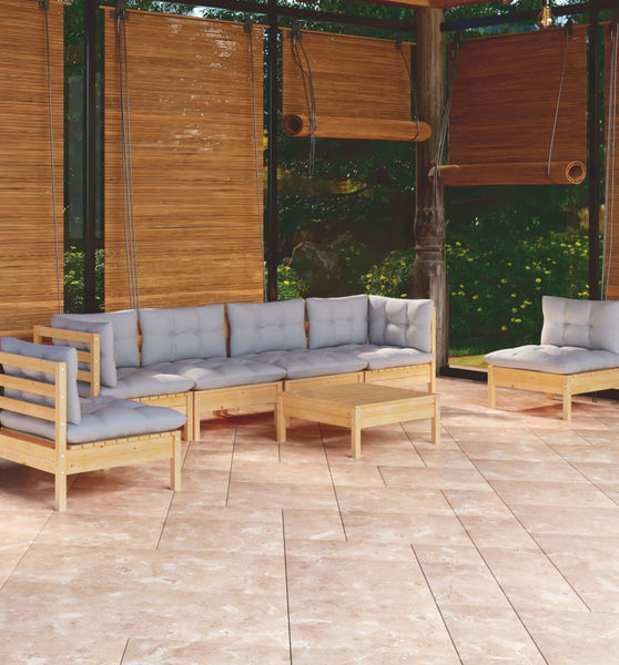 7-tlg. Garten-Lounge-Set mit Grauen Kissen Kiefer Massivholz