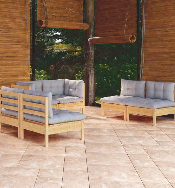 6-tlg. Garten-Lounge-Set mit Grauen Kissen Kiefer Massivholz