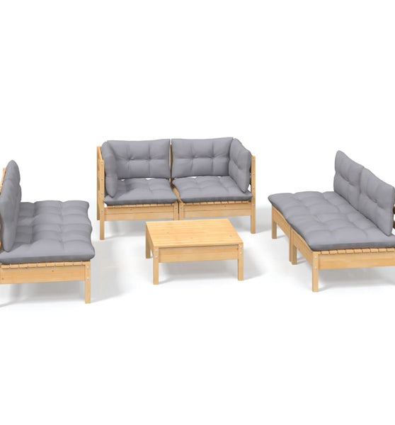 7-tlg. Garten-Lounge-Set mit Grauen Kissen Kiefer Massivholz