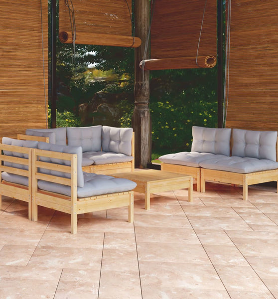 7-tlg. Garten-Lounge-Set mit Grauen Kissen Kiefer Massivholz