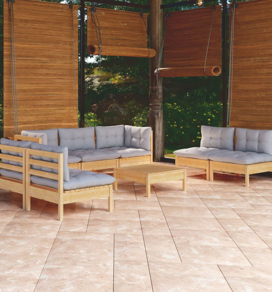 8-tlg. Garten-Lounge-Set mit Grauen Kissen Kiefer Massivholz