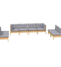 8-tlg. Garten-Lounge-Set mit Grauen Kissen Kiefer Massivholz