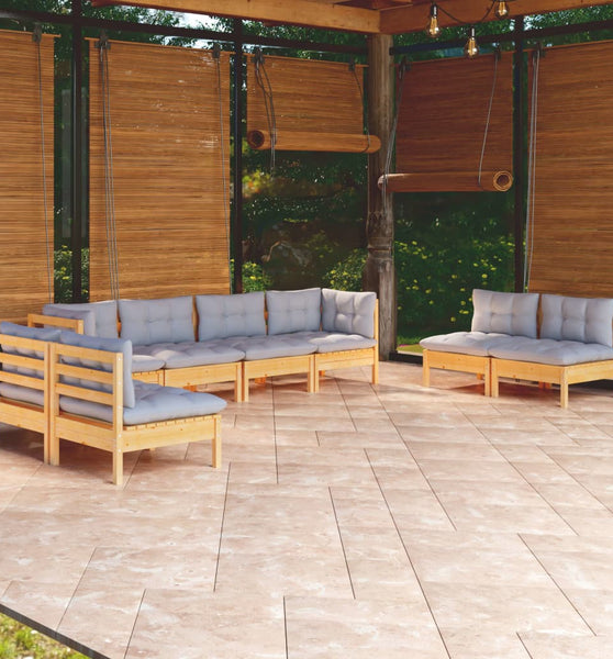 8-tlg. Garten-Lounge-Set mit Grauen Kissen Kiefer Massivholz