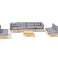 9-tlg. Garten-Lounge-Set mit Grauen Kissen Kiefer Massivholz