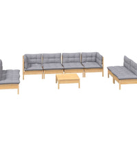 9-tlg. Garten-Lounge-Set mit Grauen Kissen Kiefer Massivholz