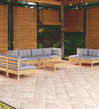9-tlg. Garten-Lounge-Set mit Grauen Kissen Kiefer Massivholz