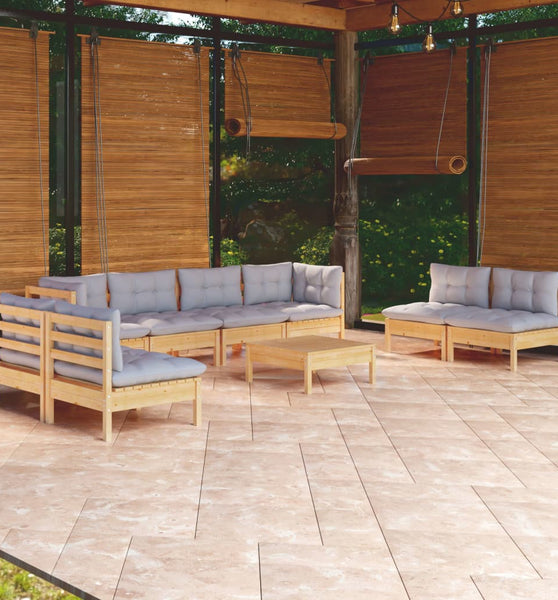 9-tlg. Garten-Lounge-Set mit Grauen Kissen Kiefer Massivholz