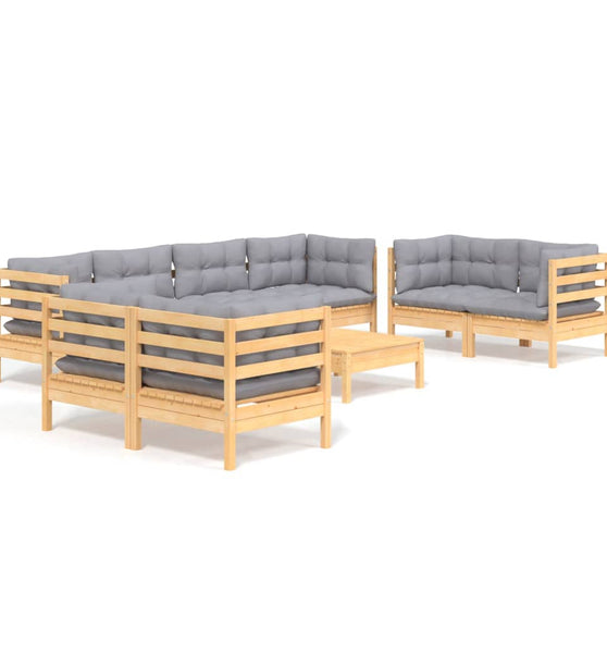 9-tlg. Garten-Lounge-Set mit Grauen Kissen Kiefer Massivholz