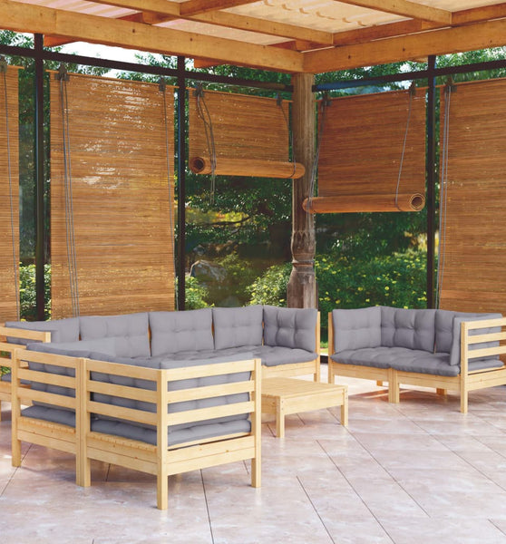 9-tlg. Garten-Lounge-Set mit Grauen Kissen Kiefer Massivholz