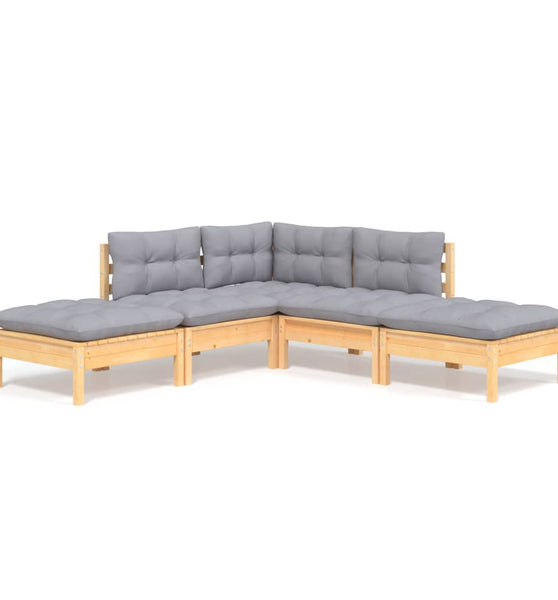 5-tlg. Garten-Lounge-Set mit Grauen Kissen Kiefernholz