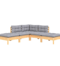 5-tlg. Garten-Lounge-Set mit Grauen Kissen Kiefernholz