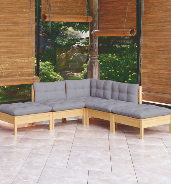 5-tlg. Garten-Lounge-Set mit Grauen Kissen Kiefernholz