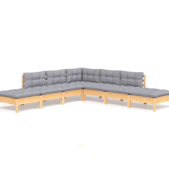 7-tlg. Garten-Lounge-Set mit Grauen Kissen Kiefernholz
