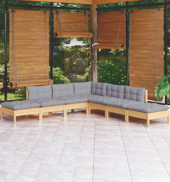 7-tlg. Garten-Lounge-Set mit Grauen Kissen Kiefernholz